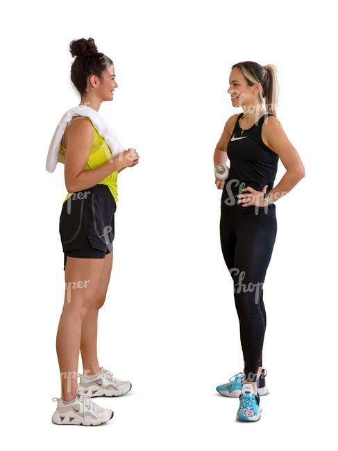 two cut out women talking after workout