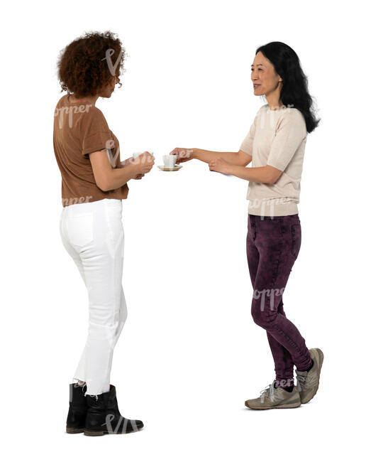 two cut out women drinking coffee at a bar counter