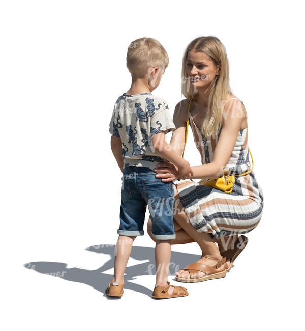 cut out woman squatting and talking to her son