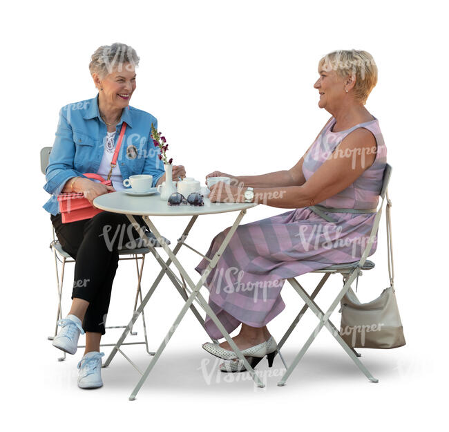 two cut out older women sitting in a cafe and talking merrily