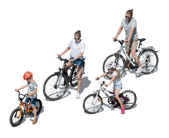 cut out family cycling seen from above