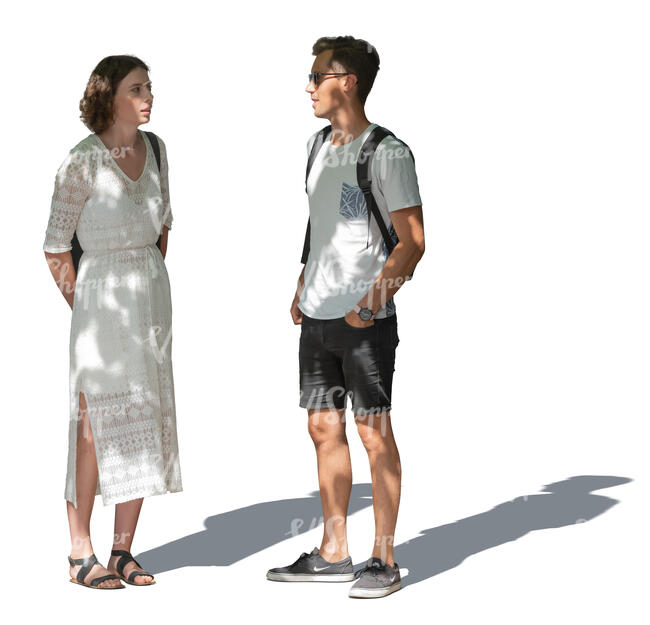 two cut out people standing in tree shade and talking