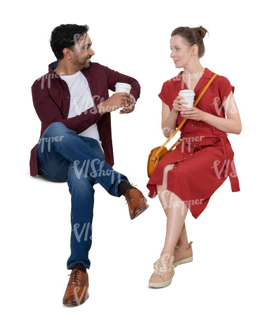 two cut out people sitting on a bench and drinking coffee