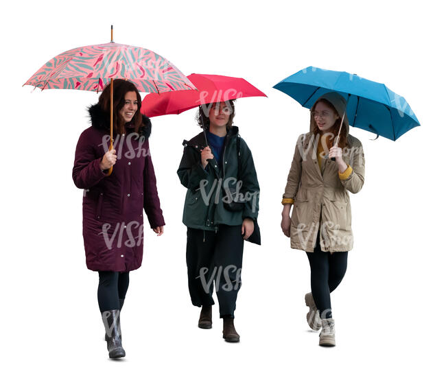 three cut out women with umbrellas walking in the rain