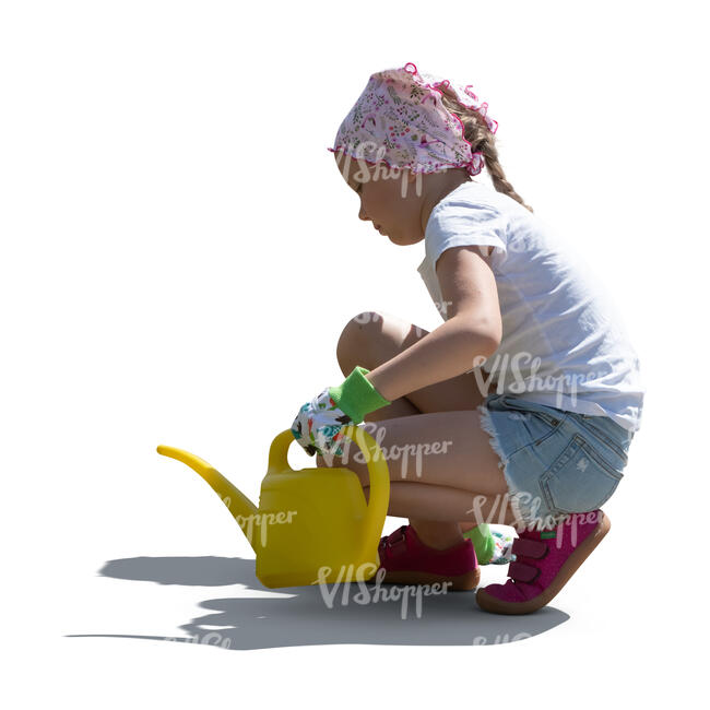 cut out little backlit girl with a watering can swuatting in the garden
