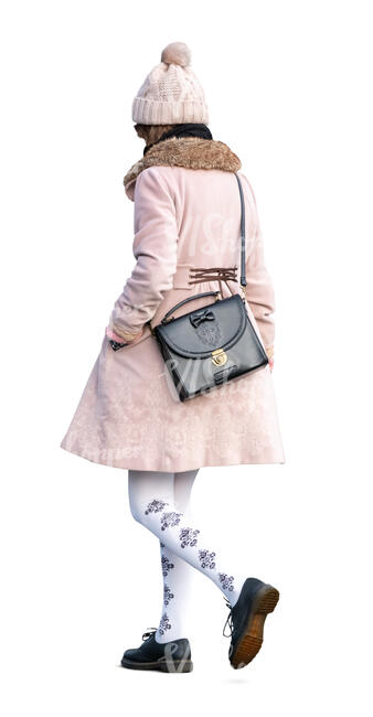 cut out woman in a pink overcoat walking