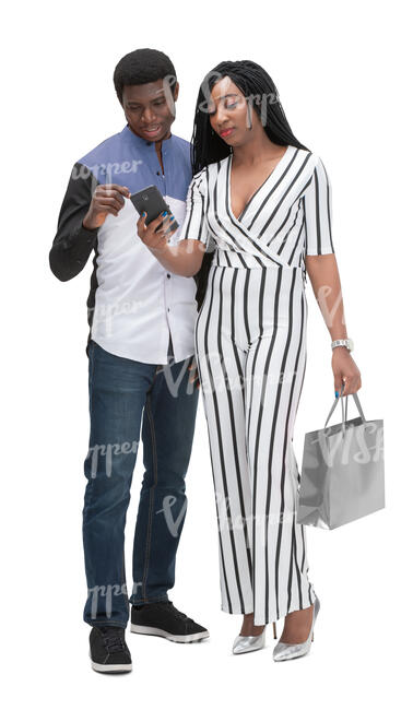 two cut out black people standing and looking at a phone
