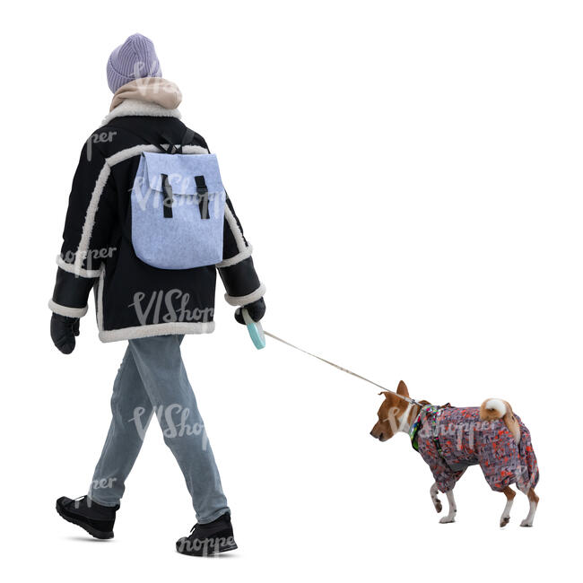 cut out woman walking a dog in winter