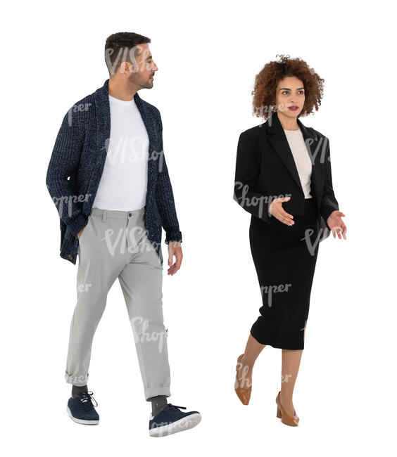 two cut out people walking and talking