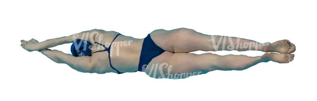 cut out top view of a woman swimming underwater