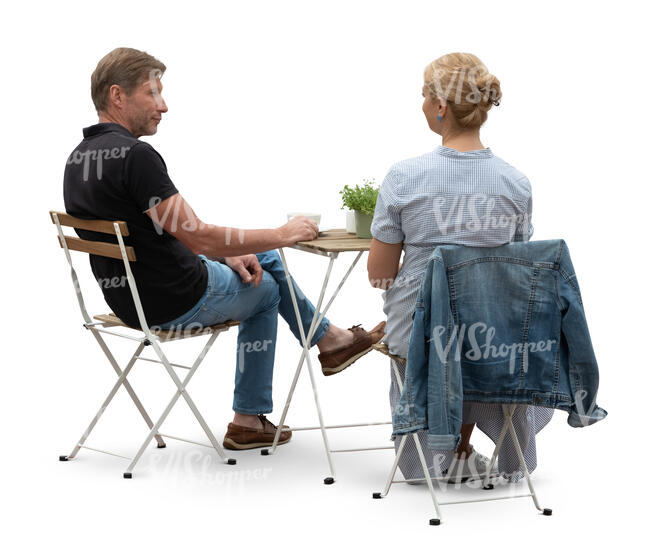 cut out man and woman sitting in a cafe and drinking coffee