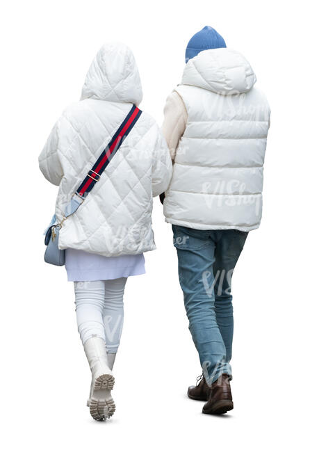 two cut out people in white winter jackets walking