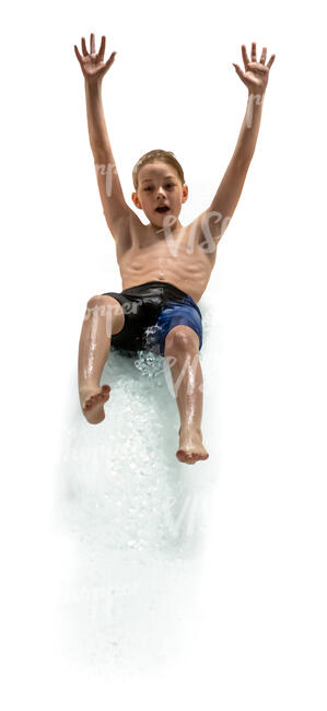 cut out boy descending in a water slide in a water park
