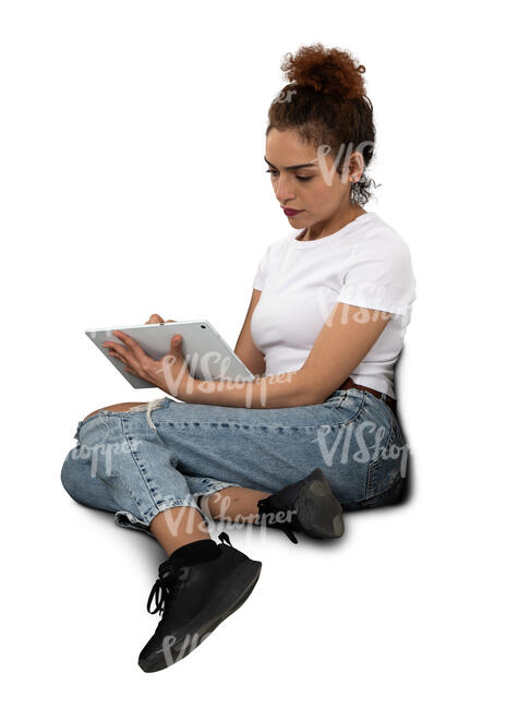 cut out woman with a tablet sitting on a sofa