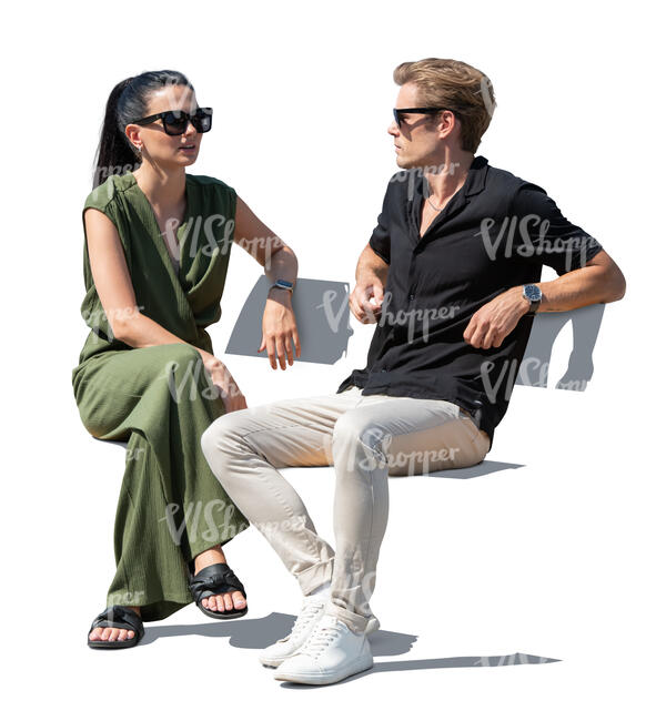 cut out man and woman sitting outside and talking