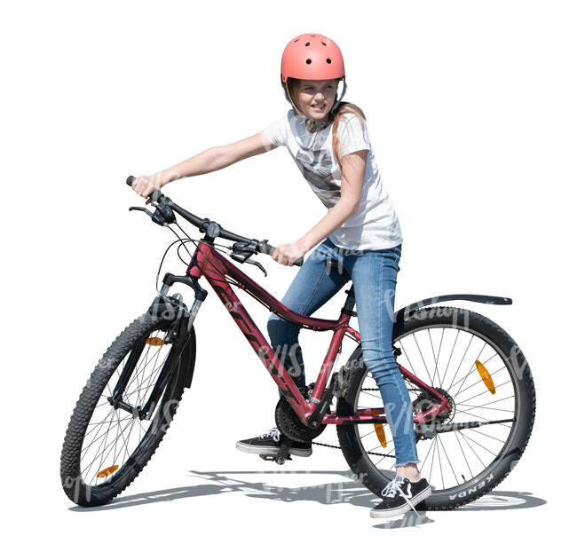 cut out girl with a bicycle pausing while riding