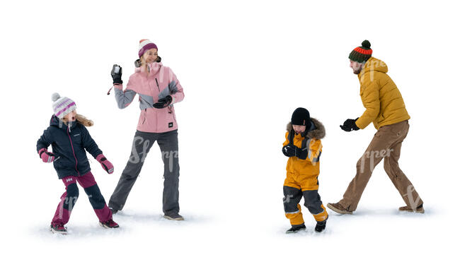 cut out family having a snowball fight in winter