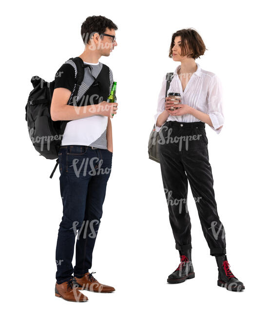 cut out man and woman with drinks standing and talking
