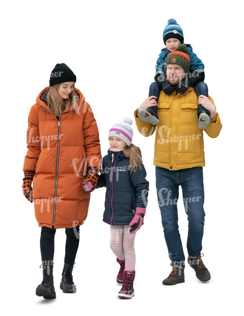 cut out family in winter walking together