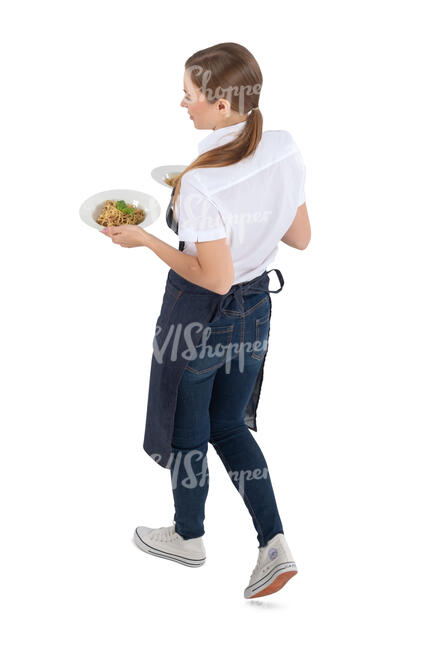 cut out waitress serving food seen from above