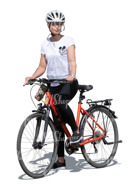 cut out sporty woman with helmet standing with a bike