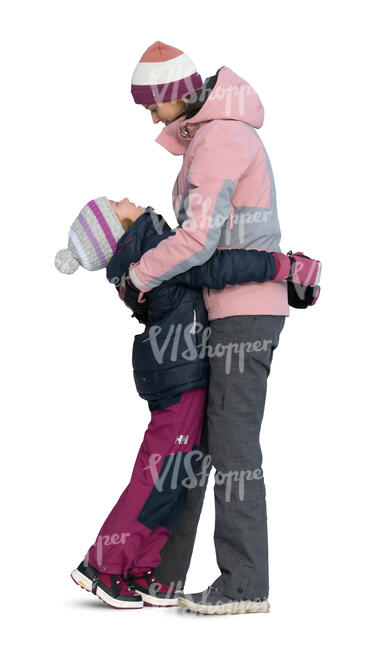 cut out mother and daughter in winter clothes hugging