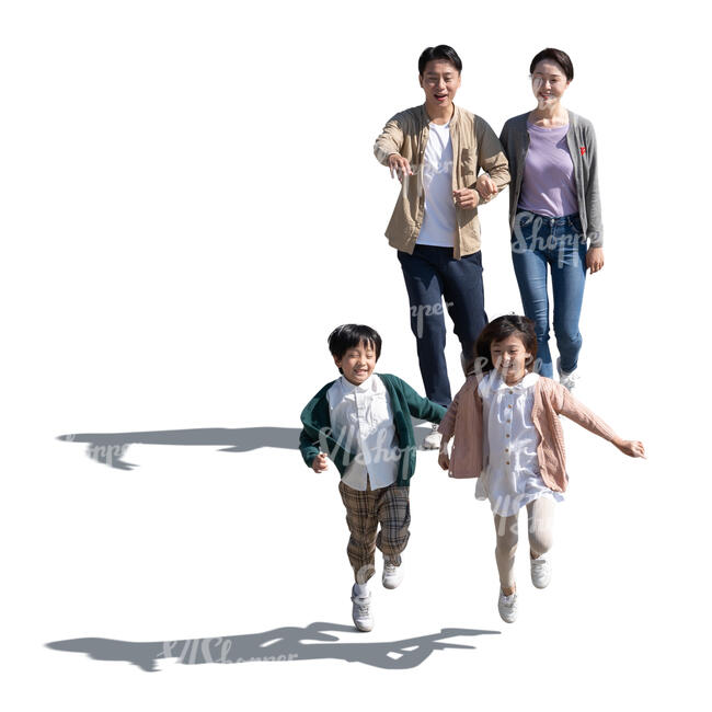 cut out asian family with tow happy kids walking seen froma above