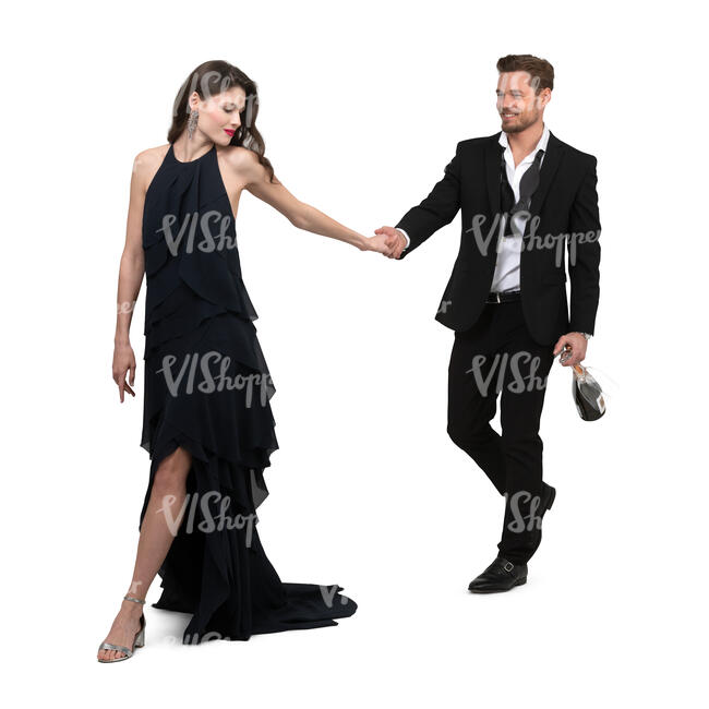 cut out couple in fancy party clothes walking hand in hand going to drink champagne
