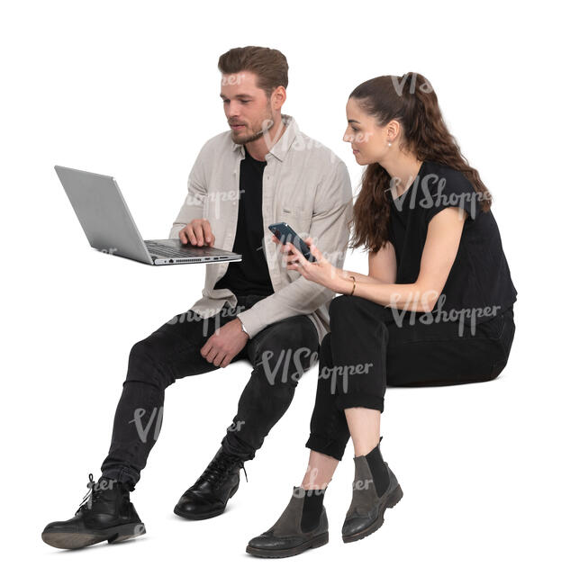 cut out man and woman sitting and looking together at a laptop