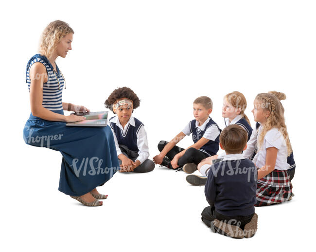 cut out teacher reading a book to a group of schoolkids