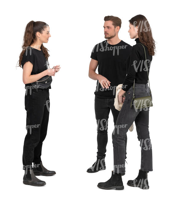 cut out group of three people standing and talking