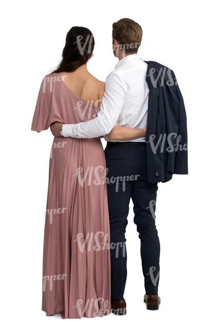 cut out couple in formal dress and suit standing arms around each outher