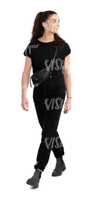 cut out woman in black outfit walking
