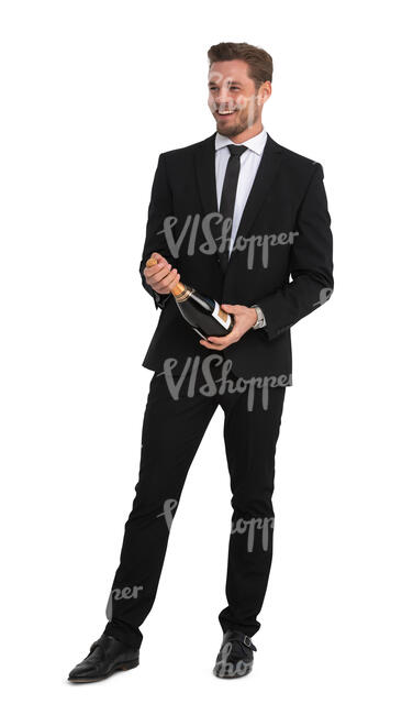 cut out man smiling and opening a champagne bottle