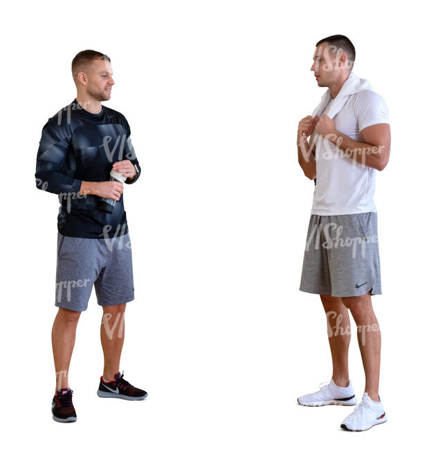 two cut out men standing and talking after workout