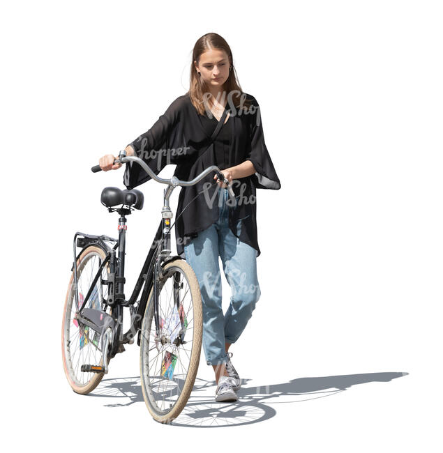 cut out woman with a bicycle walking