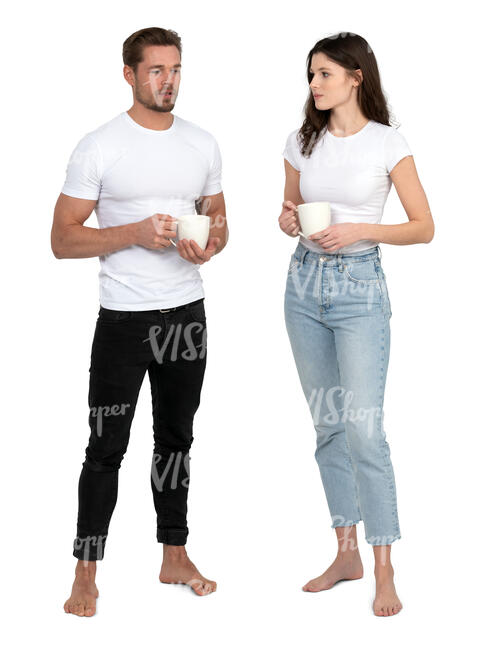 cut out man and woman at home standing and drinking coffee