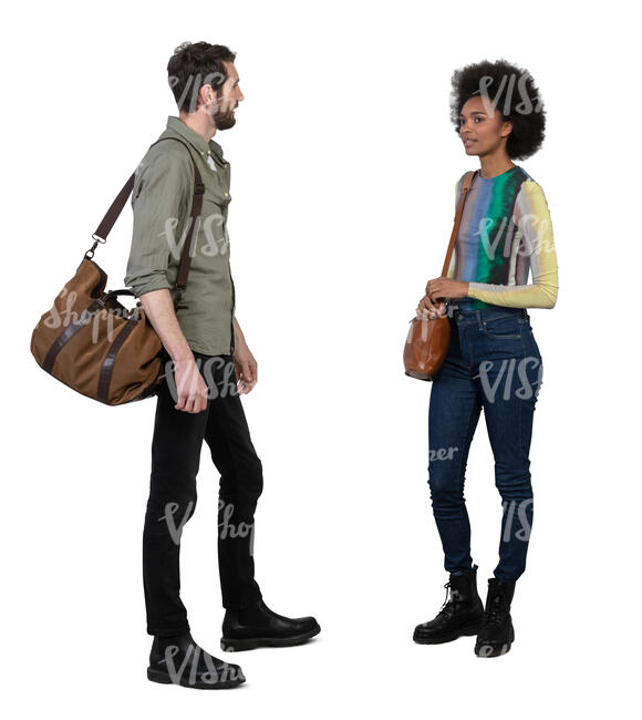two cut out people standing and talking