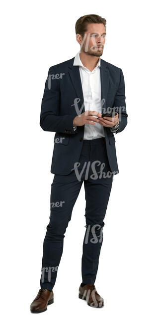 cut out man in a suit standing with a phone in his hand