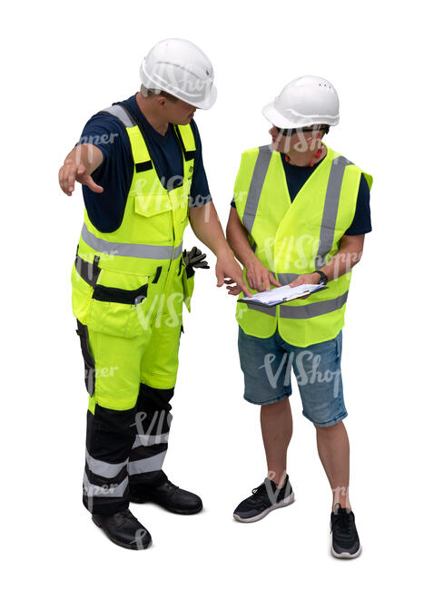 two cut out workmen standing seen from above