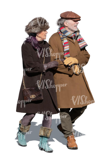 cut out elderly couple walking arm in arm in winter