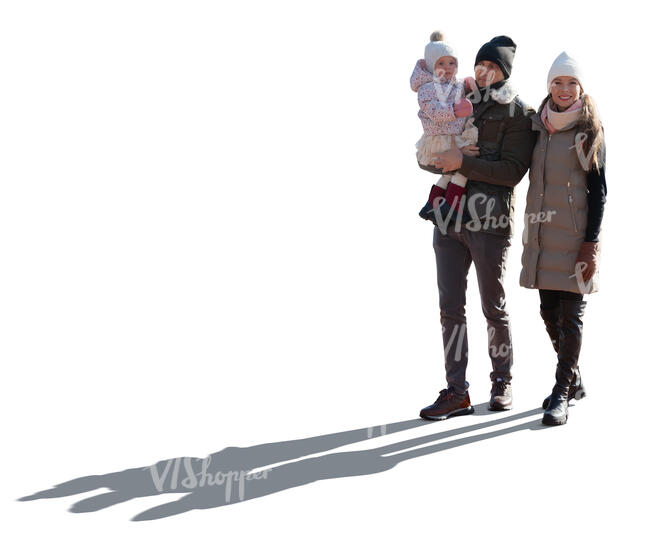 cut out backlit family in winter walking