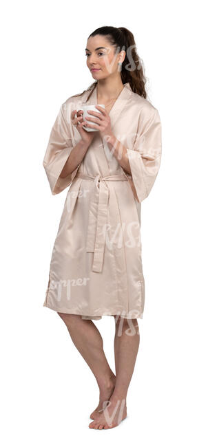 cut out woman in a bathrobe standing and drinking coffee