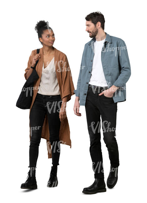 two cut out people walking and talking