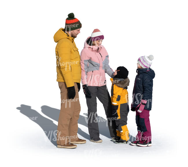 cut out family in winter standing and talking