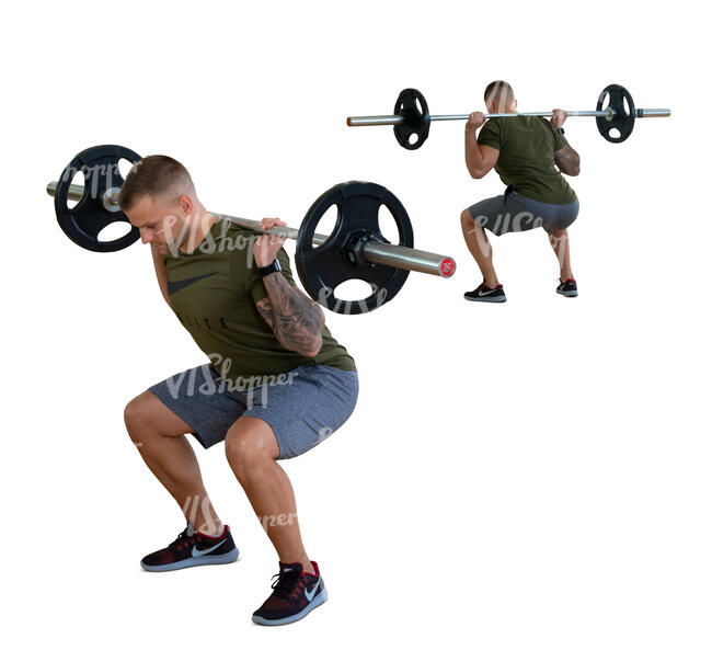 cut out man doing squats in gym with weights with mirror reflection