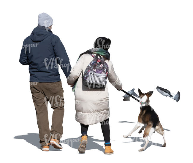 cut out couple walking a dog who want to chase pigeons