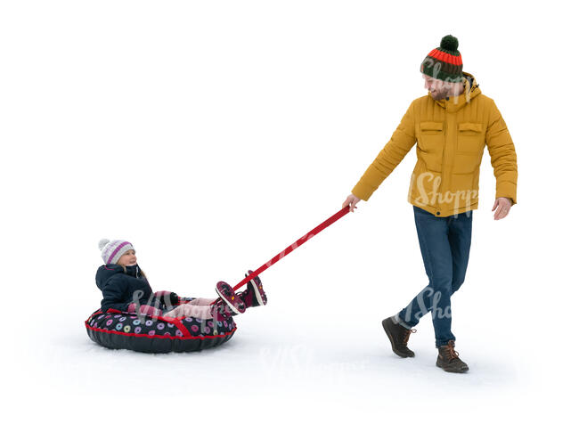 cut out father pulling a snowtube with his daughter lying on it