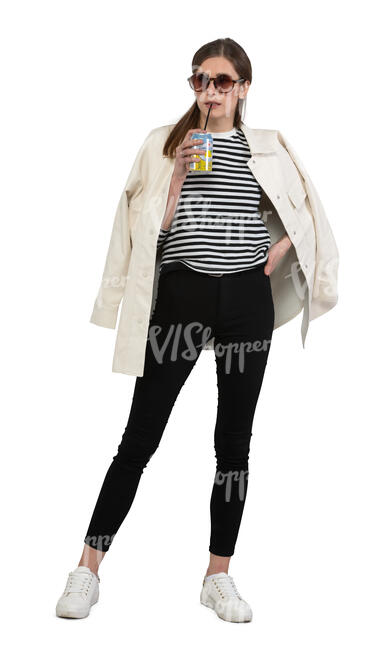 cut out woman standing and drinking soda drink