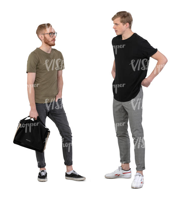 two cut out men standing and talking